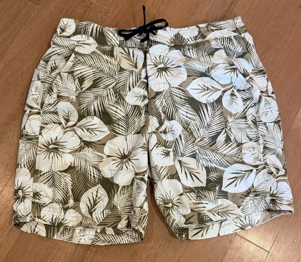 LL Bean Swim Trunks 36 Hawaiian Flowers Beige Supplex Nylon Lined Drawstring EUC